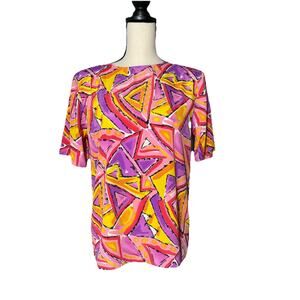 Tess Vintage Retro 80’s Neon Artsy Geometric Print Blouse Pink Funky Top, S